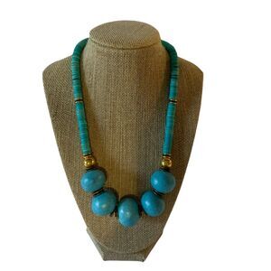 VTG Teal Blue Wood and Clay Beads Boho Necklace Fashion Jewelry